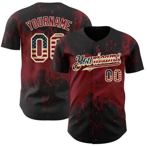 Custom Black Vintage USA Flag Crimson-Cream Abstract Splatter Grunge Paint Authentic Baseball Jersey