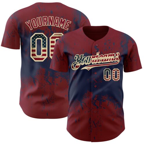 Custom Crimson Vintage USA Flag Navy-Cream Abstract Splatter Grunge Paint Authentic Baseball Jersey