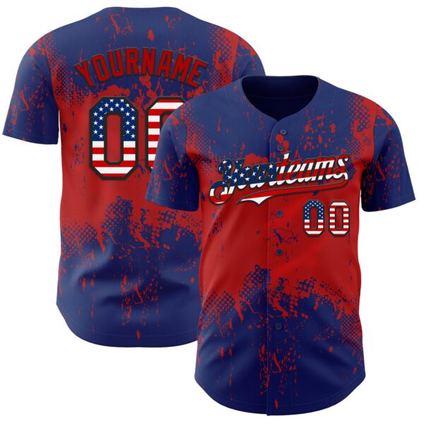 Custom Royal USA Flag Red-Black Abstract Splatter Grunge Paint Authentic Baseball Jersey