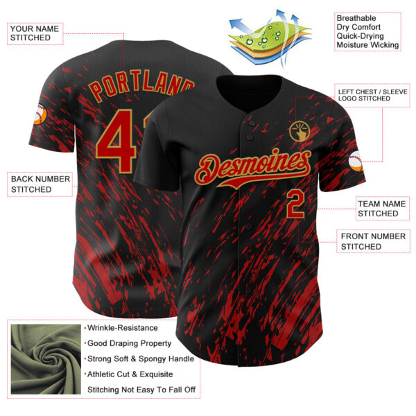 Custom Black Red-Old Gold Paint Stroke Grunge Streak Authentic Baseball Jersey