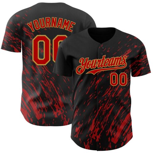3DPattern12970 Custom Black Red-Old Gold Paint Stroke Grunge Streak Authentic Baseball Jersey