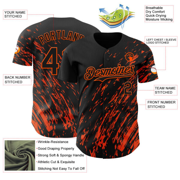 Custom Black Orange Paint Stroke Grunge Streak Authentic Baseball Jersey