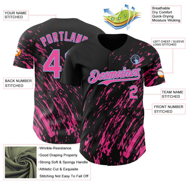 Custom Black Pink-Light Blue Paint Stroke Grunge Streak Authentic Baseball Jersey