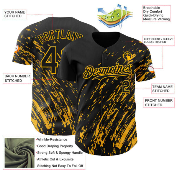 Custom Black Gold Paint Stroke Grunge Streak Authentic Baseball Jersey
