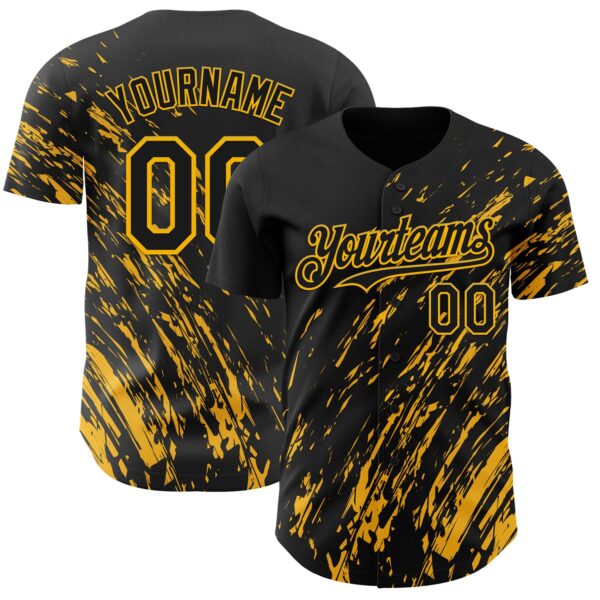 Custom Black Gold Paint Stroke Grunge Streak Authentic Baseball Jersey