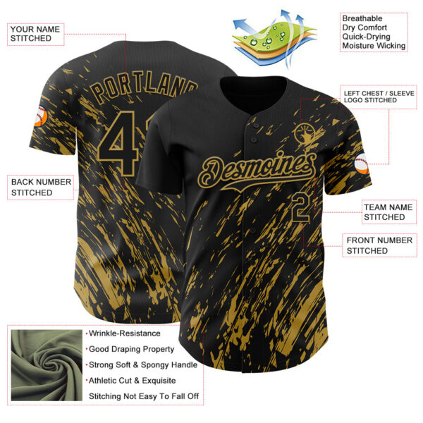 Custom Black Old Gold Paint Stroke Grunge Streak Authentic Baseball Jersey