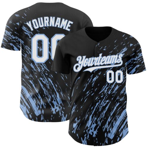 3DPattern12976 Custom Black White-Light Blue Paint Stroke Grunge Streak Authentic Baseball Jersey