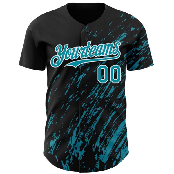 Custom Black Teal-White Paint Stroke Grunge Streak Authentic Baseball Jersey