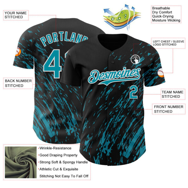Custom Black Teal-White Paint Stroke Grunge Streak Authentic Baseball Jersey