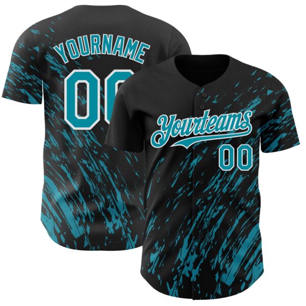 Custom Black Teal-White Paint Stroke Grunge Streak Authentic Baseball Jersey