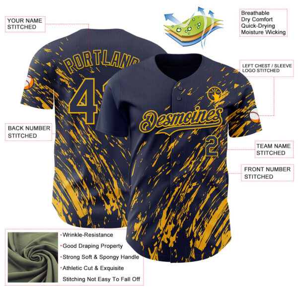 Custom Navy Gold Paint Stroke Grunge Streak Authentic Baseball Jersey