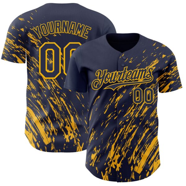 Custom Navy Gold Paint Stroke Grunge Streak Authentic Baseball Jersey