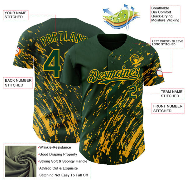 Custom Green Gold Paint Stroke Grunge Streak Authentic Baseball Jersey