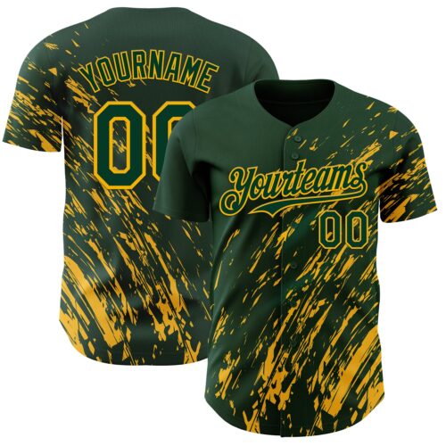 Custom Green Gold Paint Stroke Grunge Streak Authentic Baseball Jersey