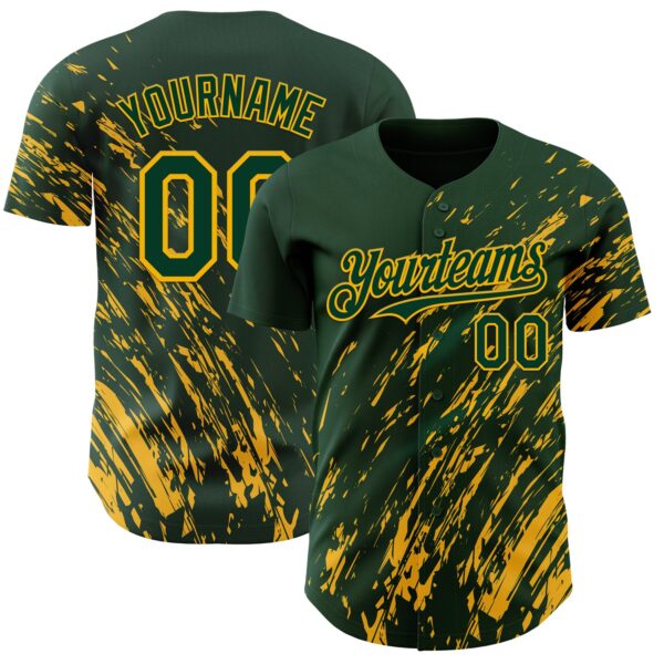 Custom Green Gold Paint Stroke Grunge Streak Authentic Baseball Jersey