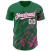 Custom Kelly Green White-Pink Paint Stroke Grunge Streak Authentic Baseball Jersey