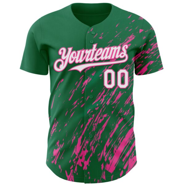 Custom Kelly Green White-Pink Paint Stroke Grunge Streak Authentic Baseball Jersey