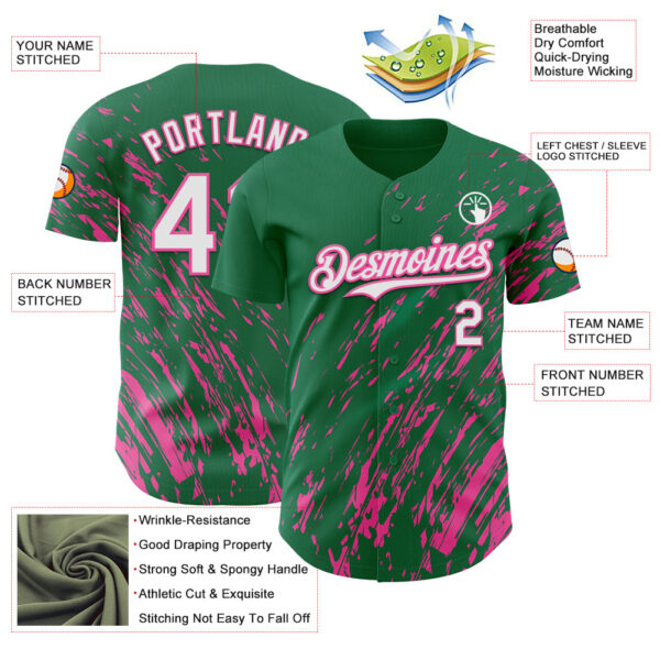 Custom Kelly Green White-Pink Paint Stroke Grunge Streak Authentic Baseball Jersey