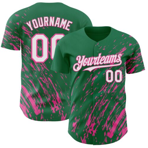 Custom Kelly Green White-Pink Paint Stroke Grunge Streak Authentic Baseball Jersey