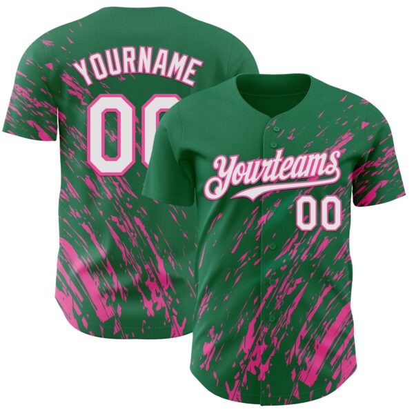 Custom Kelly Green White-Pink Paint Stroke Grunge Streak Authentic Baseball Jersey