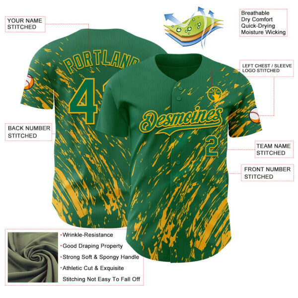 Custom Kelly Green Gold Paint Stroke Grunge Streak Authentic Baseball Jersey