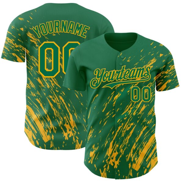 Custom Kelly Green Gold Paint Stroke Grunge Streak Authentic Baseball Jersey
