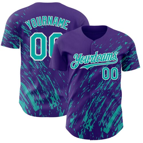 Custom Purple Aqua-White Paint Stroke Grunge Streak Authentic Baseball Jersey