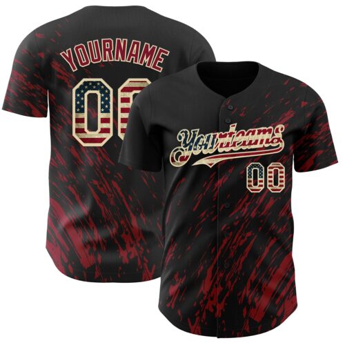 Custom Black Vintage USA Flag Crimson-Cream Paint Stroke Grunge Streak Authentic Baseball Jersey