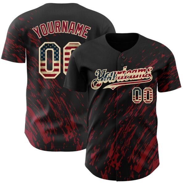 Custom Black Vintage USA Flag Crimson-Cream Paint Stroke Grunge Streak Authentic Baseball Jersey