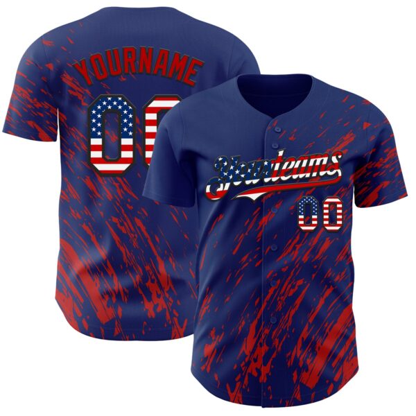 Custom Royal USA Flag Red-Black Paint Stroke Grunge Streak Authentic Baseball Jersey