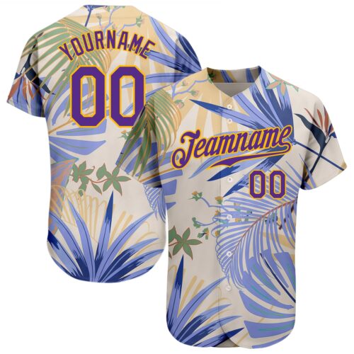 3DPattern1300 Custom White Purple-Gold 3D Pattern Design Hawaii Palm Leaves And Flowers Authentic Baseball Jersey