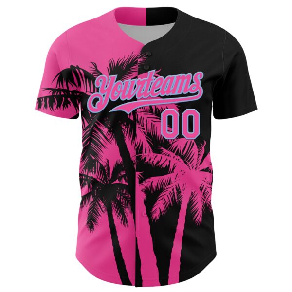 Custom Black Pink-Light Blue Hawaii Palm Trees Tropical Coconut Authentic Baseball Jersey