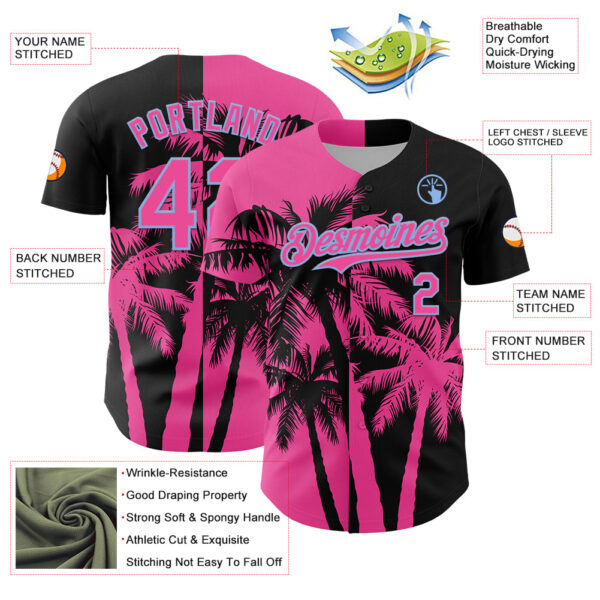 Custom Black Pink-Light Blue Hawaii Palm Trees Tropical Coconut Authentic Baseball Jersey