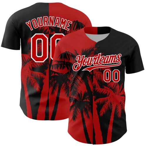 Custom Black Red-White Hawaii Palm Trees Tropical Coconut Authentic Baseball Jersey