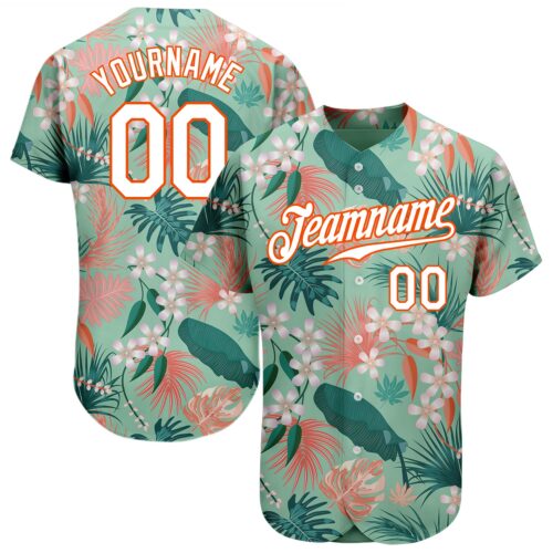 3DPattern1301 Custom Teal White-Orange 3D Pattern Design Hawaii Palm Leaves And Flowers Authentic Baseball Jersey