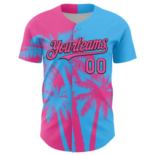 Custom Sky Blue Pink-Black Hawaii Palm Trees Tropical Coconut Authentic Baseball Jersey
