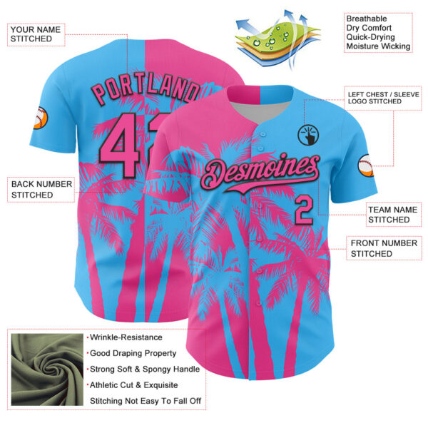 Custom Sky Blue Pink-Black Hawaii Palm Trees Tropical Coconut Authentic Baseball Jersey