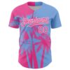 Custom Light Blue Pink-White Hawaii Palm Trees Tropical Coconut Authentic Baseball Jersey