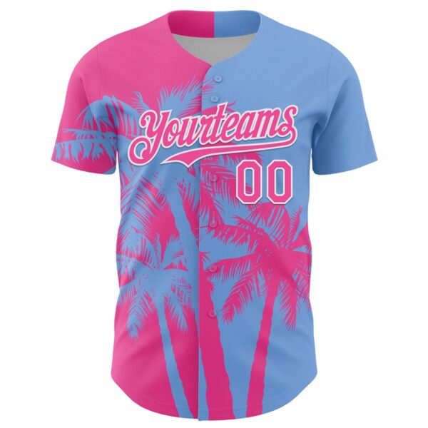 Custom Light Blue Pink-White Hawaii Palm Trees Tropical Coconut Authentic Baseball Jersey