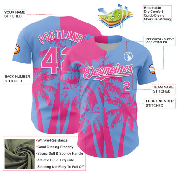 Custom Light Blue Pink-White Hawaii Palm Trees Tropical Coconut Authentic Baseball Jersey