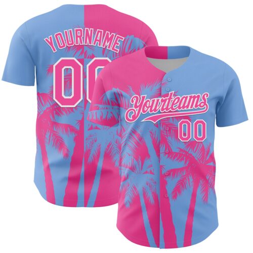 Custom Light Blue Pink-White Hawaii Palm Trees Tropical Coconut Authentic Baseball Jersey