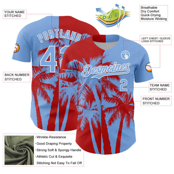 Custom Light Blue Red-White Hawaii Palm Trees Tropical Coconut Authentic Baseball Jersey