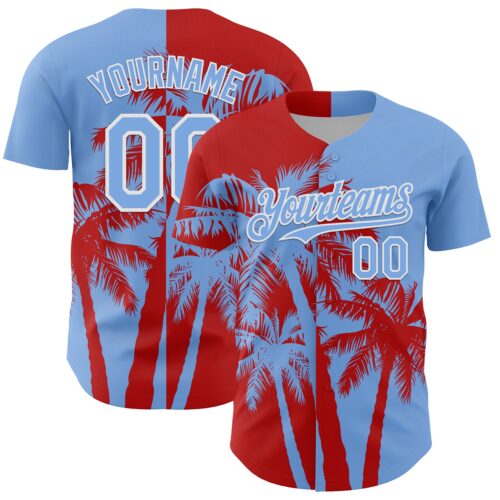 Custom Light Blue Red-White Hawaii Palm Trees Tropical Coconut Authentic Baseball Jersey