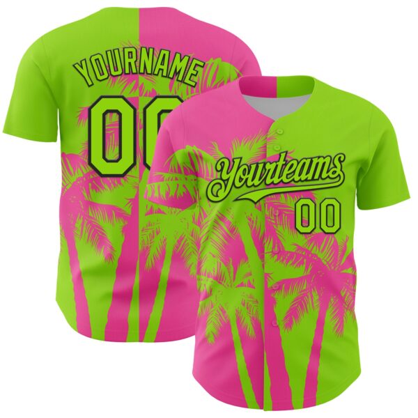 Custom Neon Green Pink-Black Hawaii Palm Trees Tropical Coconut Authentic Baseball Jersey