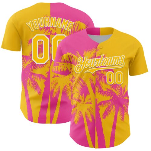 Custom Yellow Pink-White Hawaii Palm Trees Tropical Coconut Authentic Baseball Jersey
