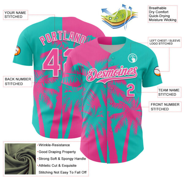 Custom Aqua Pink-White Hawaii Palm Trees Tropical Coconut Authentic Baseball Jersey