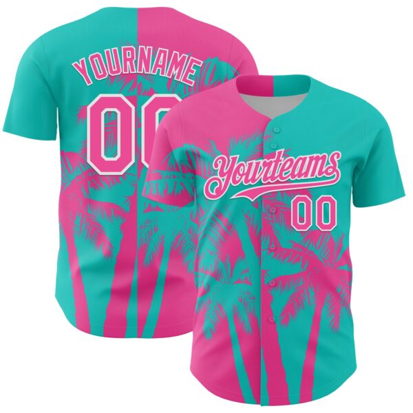 Custom Aqua Pink-White Hawaii Palm Trees Tropical Coconut Authentic Baseball Jersey
