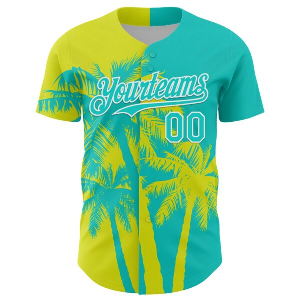 Custom Aqua Neon Yellow-White Hawaii Palm Trees Tropical Coconut Authentic Baseball Jersey