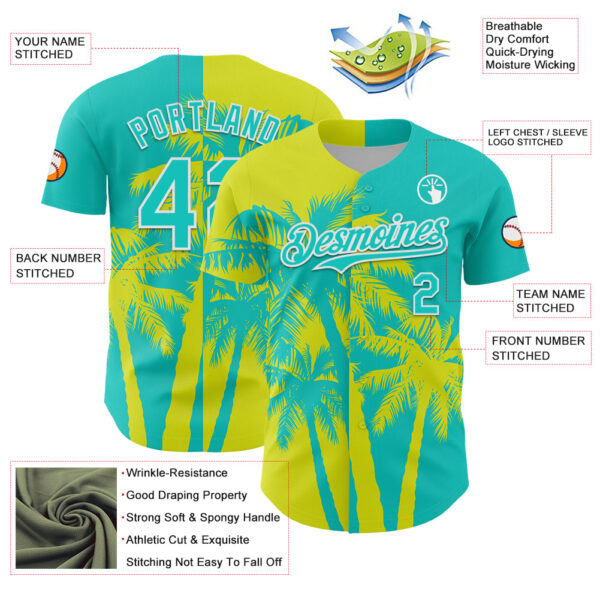 Custom Aqua Neon Yellow-White Hawaii Palm Trees Tropical Coconut Authentic Baseball Jersey