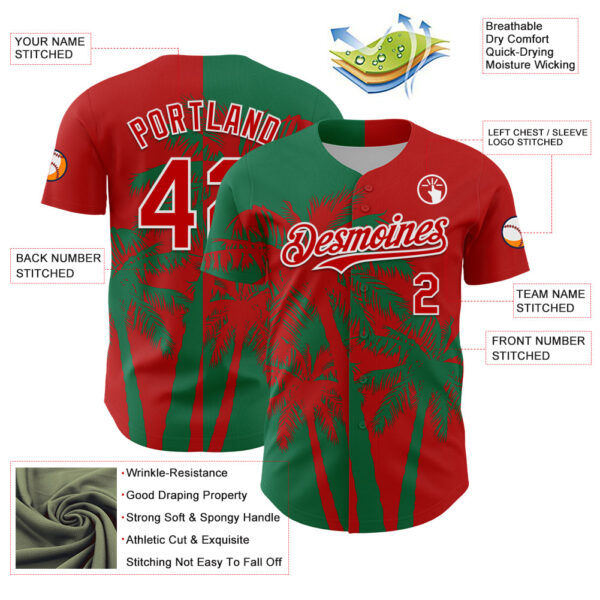 Custom Red Kelly Green-White Hawaii Palm Trees Tropical Coconut Authentic Baseball Jersey